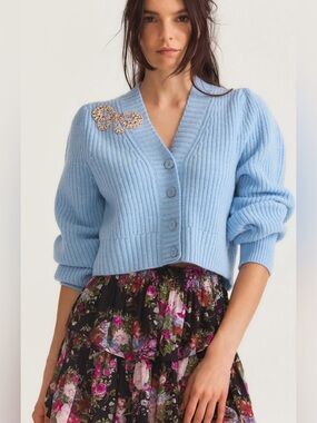 LoveShackFancy Larsa Cropped Cardigan in Blue Haze Size Small